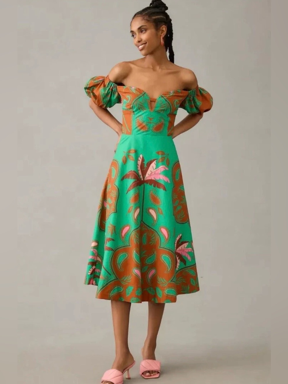 NWT Anthropologie Maeve puff-sleeve sweetheart dress in green and rust print. 2